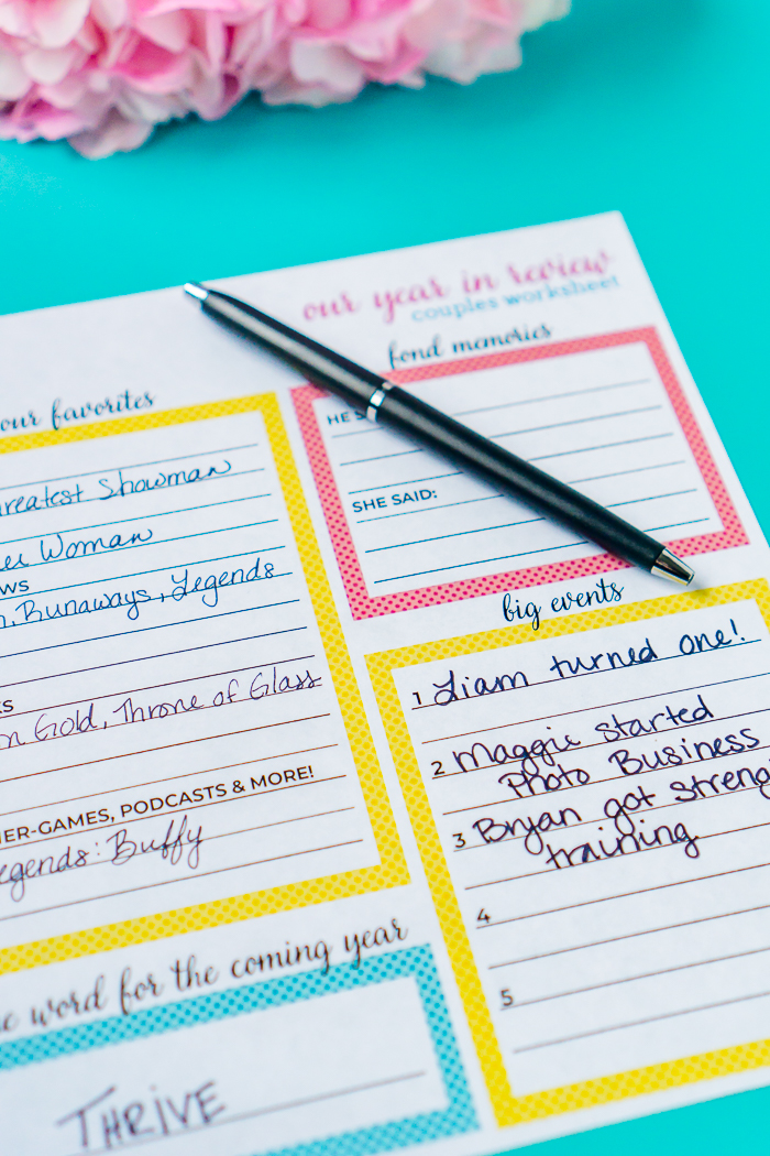 Need a new date night at home idea? Use this Couple's Year in Review Marriage Worksheet to reflect on the past year as a couple - your favorite memories, trips, marriage goals, word of the year, and more!! It's an quick way to journal about your relationship! 