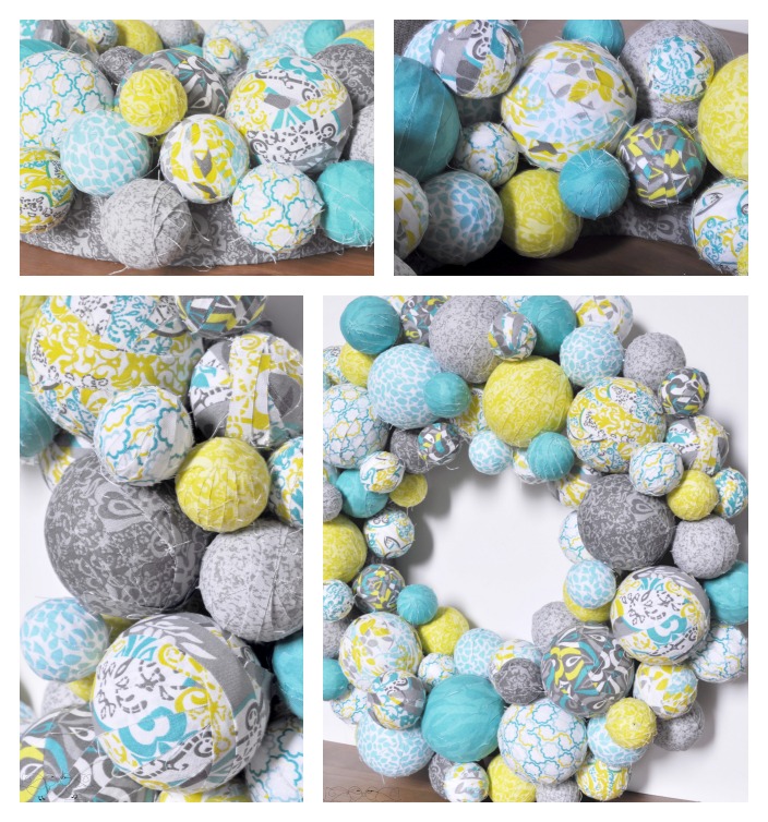 Fabric Ball Wreath - I am so excited about my spring wreath in aqua, lemongrass green, and gray patterns! It looks fabulous in our house and would look super cute in a nursery! {The Love Nerds} #crafts #springwreath 