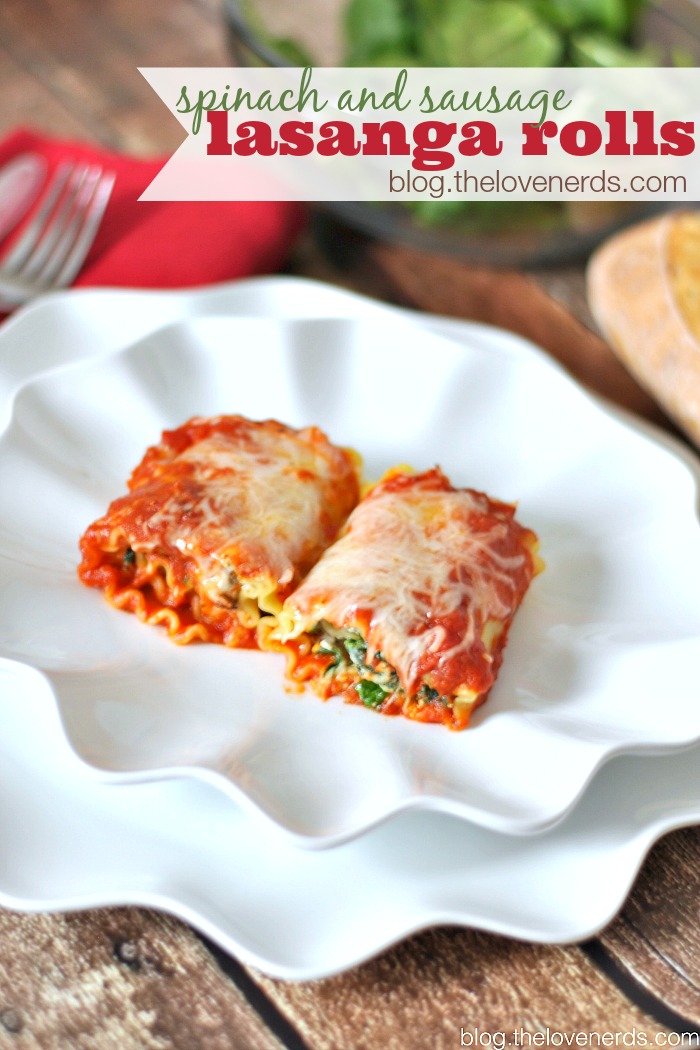 Delicious Spinach and Sausage Lasagna Rolls! This dinner idea makes fabulous leftovers, plus they can be divided into batches and frozen for the future! {The Love Nerds}