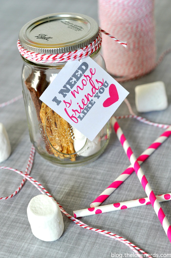 S'mores Gift Idea! Whether for Valentine's Day or even a random act of kindness, spread a little s'more love by gifting these cute jars! FREE tags included in post! {The Love Nerds}