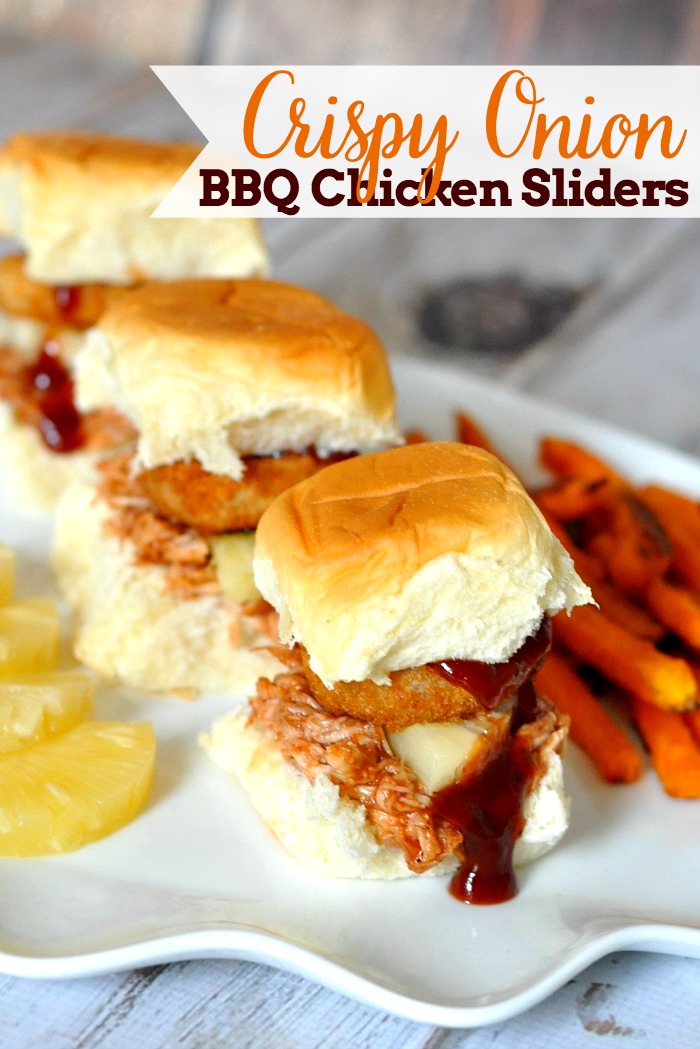 Crispy Onion BBQ Chicken Sliders - A fresh new recipe for spring! Prepare easy crock pot pulled chicken and add BBQ, Pineapple and Onion Rings for a whole lot of yum! {The Love Nerds} #SpringIntoFlavor #Ad