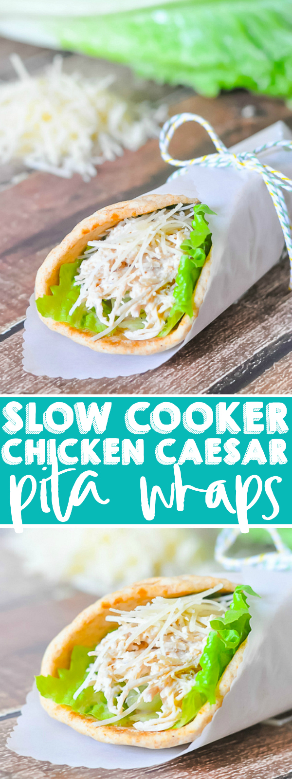 Slow Cooker Chicken Caesar Pitas are the perfect light summer meal! They take 5 minutes of prep time, require only 6 ingredients, and are DELICIOUS! Plus, it makes great leftovers! | THE LOVE NERDS 