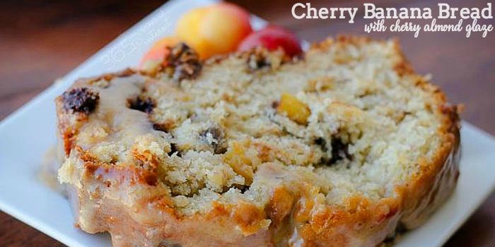 Cherry Banana Bread with Cherry Almond Glaze - Definitely the best banana bread I've ever made. Rustic, moist, sweet and stuffed full of sweet, delicious Rainier cherries. Oh, and chocolate chips! | The Love Nerds Contributors 