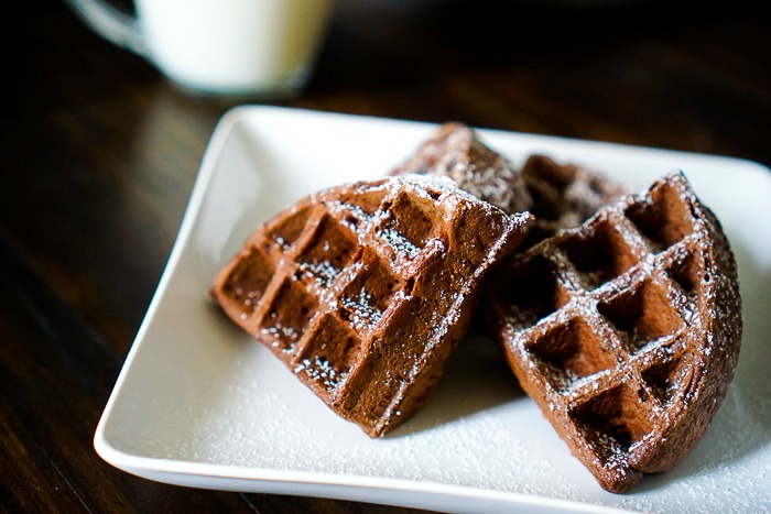 Chocolate Cake Mix Waffles - Cookie Dough and Oven Mitt