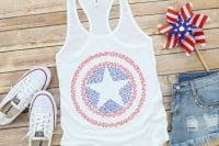 White tank top with a red and blue Captain America Shield design made up of stars showcased with 4th of july pinwheel!