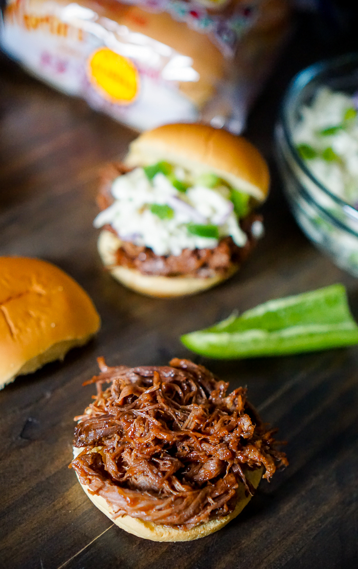 Crock Pot Brisket Sandwiches with Jalapeno Cole Slaw - Keep your house cool this summer with this delicious BBQ recipe! | The Love Nerds #ad #MartinsMakesWaves @Martin’sPotatoRolls 