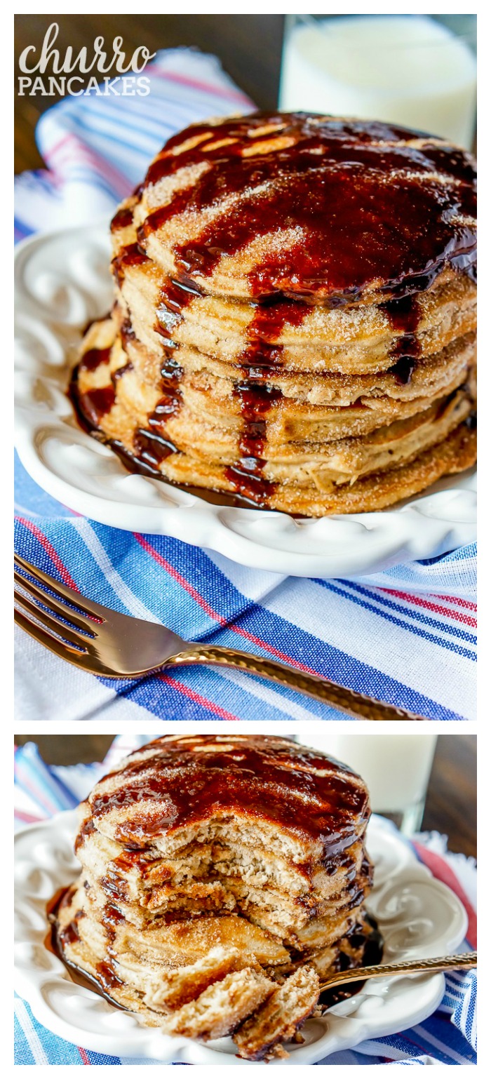 Sweet and Fluffy Churro Pancakes - This pancake recipe is addicting, especially when drizzled with chocolate sauce! | The Love Nerds