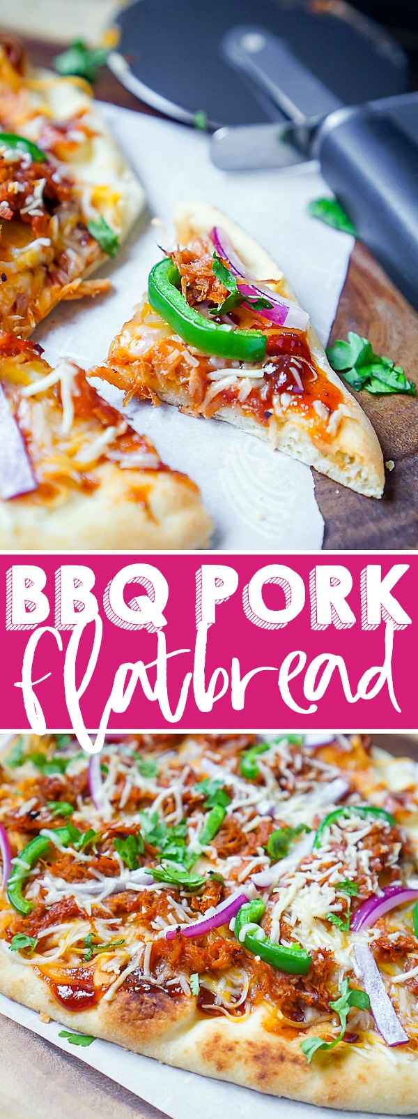 BBQ Pulled Pork Flatbread Pizza is downright addicting! Whether you want to enjoy this recipe for lunch, dinner or with your friends on Game Day, this easy flatbread recipe takes only 15 minutes to cook and always delivers great flavor! | THE LOVE NERDS #pizzarecipe #pulledpork #gameday #easydinner