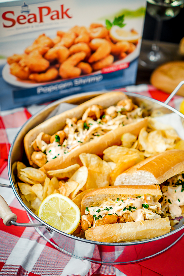 Popcorn Shrimp Po Boys Recipe with Remoulade Coleslaw - {Msg 4 21+} Easy dinner twist on classic New Orleans' sandwich recipe. Ready in 10 minutes with tons of flavor! | The Love Nerds AD #40PerfectPairings