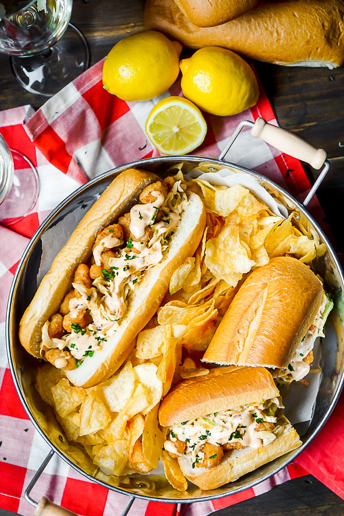 Popcorn Shrimp Po Boys Recipe with Remoulade Coleslaw - {Msg 4 21+} Easy dinner twist on classic New Orleans' sandwich recipe. Ready in 15 minutes with tons of flavor! | The Love Nerds AD #40PerfectPairings