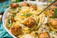 Sundried Tomato Chicken Meatballs with Mushroom Linguini Alfredo Recipe - Cooked Perfect Fresh Meatballs help make this a 20 minute prep dinner night! Nothing better than a tasty and easy dinner idea! | The Love Nerds #ad