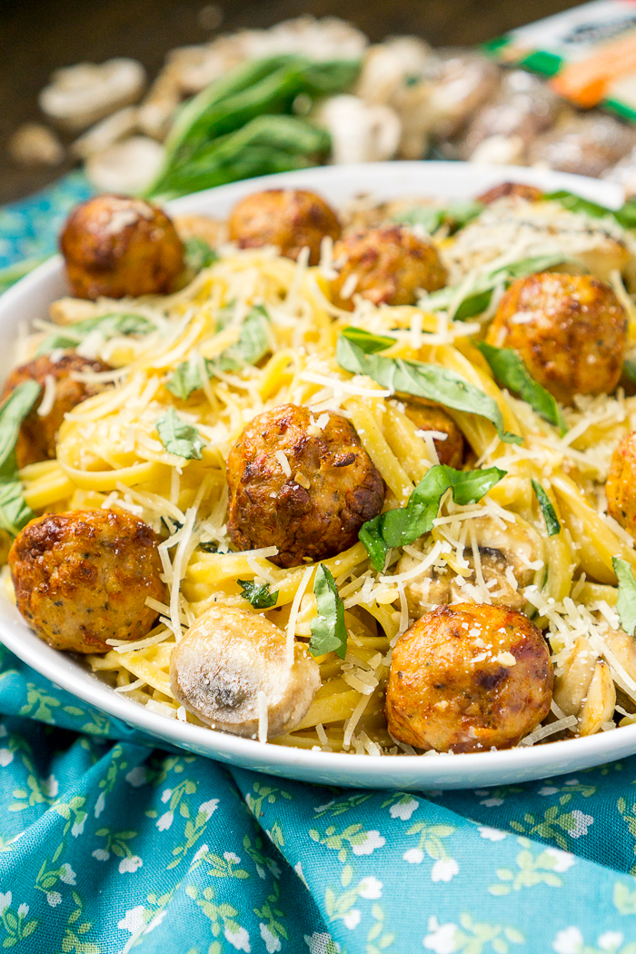 Sundried Tomato Chicken Meatballs with Mushroom Linguini Alfredo Recipe - Cooked Perfect Fresh Meatballs help make this a 20 minute prep dinner night! Nothing better than a tasty and easy dinner idea! | The Love Nerds #ad