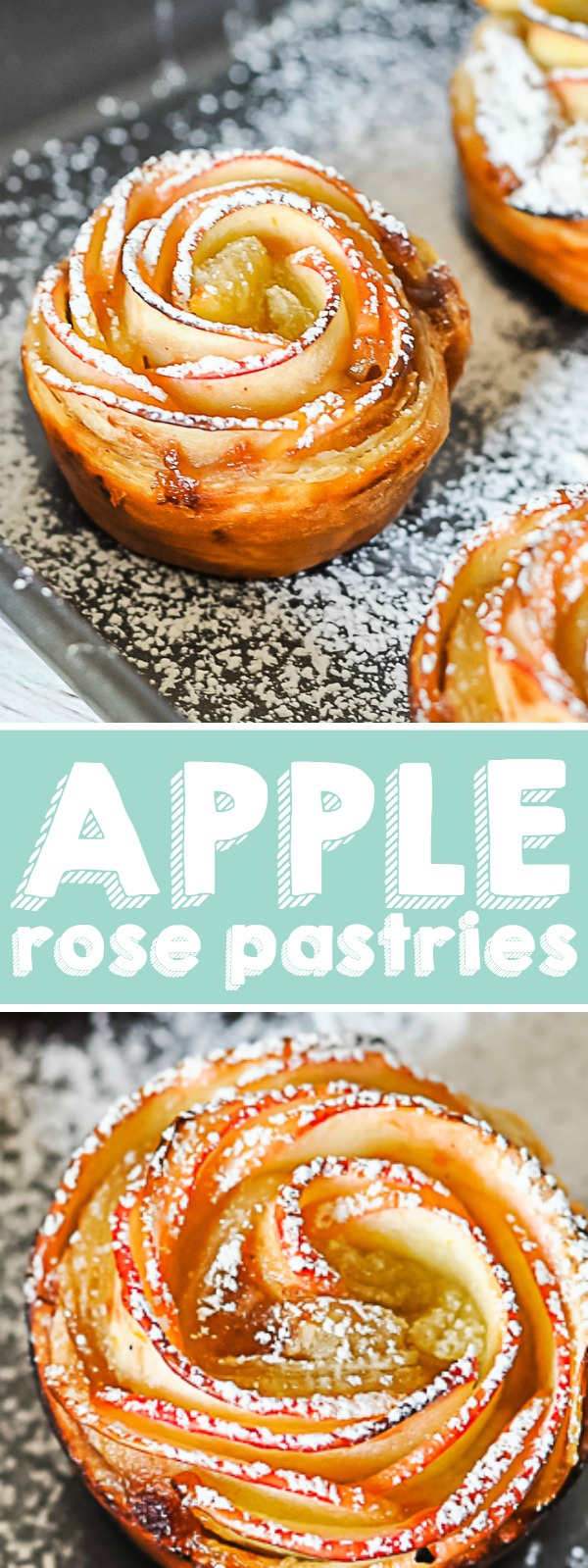 Make a gorgeous statement with this holiday dessert for Thanksgiving or Christmas! These Apple Roses Pastries are filled with thin apple slices and rich apple butter, then topped with a fine dusting of powder sugar! Everyone is going to love them! | THE LOVE NERDS #Christmasdessert #Christmasbrunch #Thanksgivingdessert #applepie