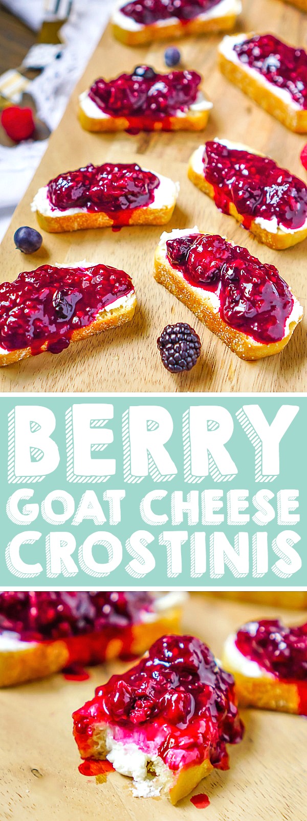 This Berry Goat Cheese Crostini recipe is an easy goat cheese appetizer that provides the perfect combination of creamy goat cheese, sweet three berry jam and a crunchy homemade crostini. | THE LOVE NERDS #newyearseverecipe #valentinesdayrecipe #bridalshowerrecipe #crostiniappetizer