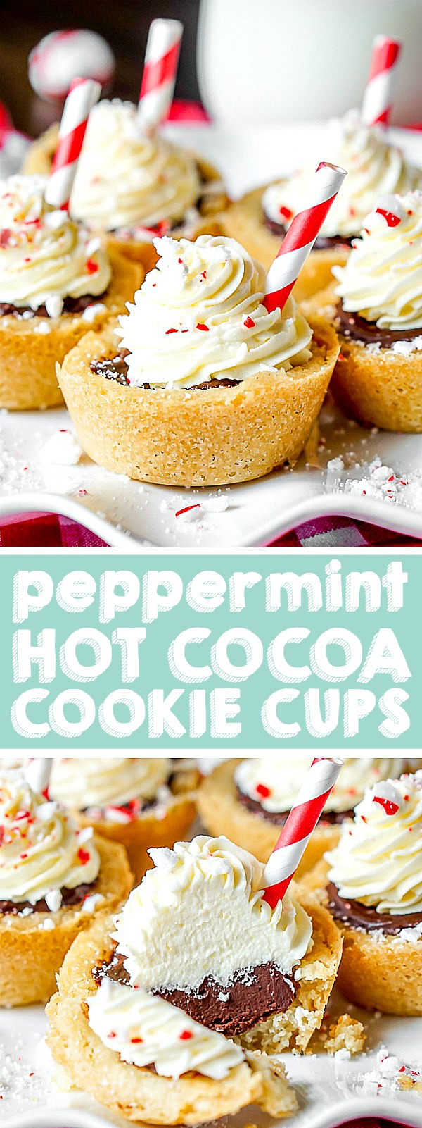 Bring the classic holiday drink to your Christmas cookies with these Hot Chocolate Cookie Cups with whipped peppermint topping! An easy sugar cookie cup is filled with rich, decadent chocolate ganache, then garnished with non wilting whipped topping, peppermint pieces and a straw for a gorgeous presentation. They make the perfect addition to any Christmas Cookie Exchange! | THE LOVE NERDS #christmascookie #christmasdessert #holidaycookie #hotchocolaterecipe 