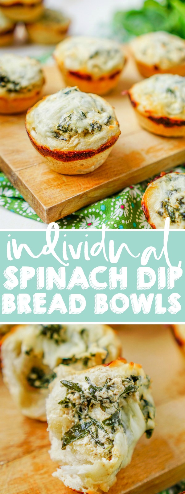 It doesn't get much better than deliciously cheesy spinach dip stuffed inside warm french bread! These Individual Spinach Dip Bread Bowls make great party food and holiday appetizers! | THE LOVE NERDS #thanksgivingappetizer #christmasappetizer #superbowlfood