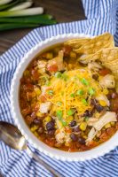Easy Slow Cooker Chicken Tortilla Soup Recipe with10 minutes of prep work! Hearty, flavorful, and full of chicken, tomatoes, chiles, black beans, corn, low sodium Swanson chicken broth and spices!