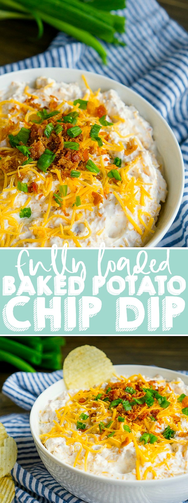 Everyone needs to have their go-to easy chip dip recipe for parties and get togethers, and this loaded potato dip recipe is mine! Add classic baked potato toppings to a sour cream chip dip base and serve on your favorite potato chip. Mix together this party appetizer in 5 minutes and enjoy! | THE LOVE NERDS #chipdip #gameday #appetizer 