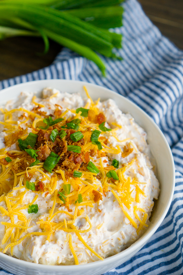Loaded Baked Potato Dip is our favorite chip dip recipe! Perfect game day appetizer with cheese, bacon, green onions and sour cream! Mix together this easy appetizer in 5 minutes and enjoy! 
