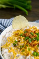Loaded Baked Potato Chip Dip is our favorite potato chip dip recipe! It makes great game day food as sour cream is loaded with cheese, bacon, and green onions!