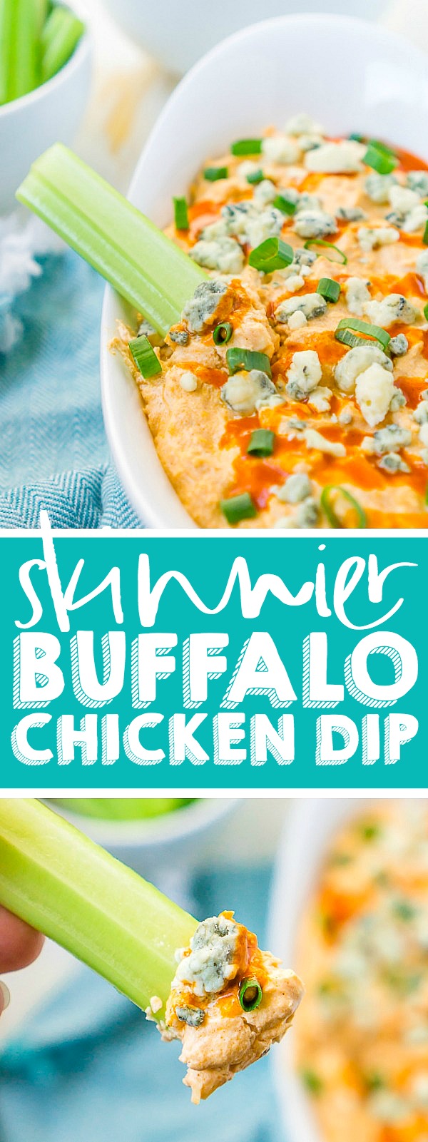 Enjoy all the flavor of buffalo chicken wings without the mess or calories with our Frank's Buffalo Chicken Dip! Creamy, spicy and a huge crowd pleaser without the extra fat or calories! Your friends and family will thank you for this skinny buffalo chicken dip that you can make in the slow cooker or oven!  | THE LOVE NERDS #warmdiprecipe #appetizerdip #buffalochickenrecipe 