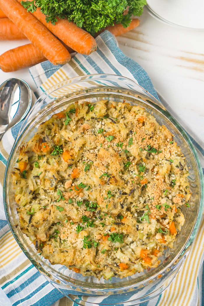 An easy chicken casserole recipe you will definitely want to try! Long grain and wild rice, chicken and sautéed vegetables combine for a fun twist on the classic chicken and wild rice soup recipe. 