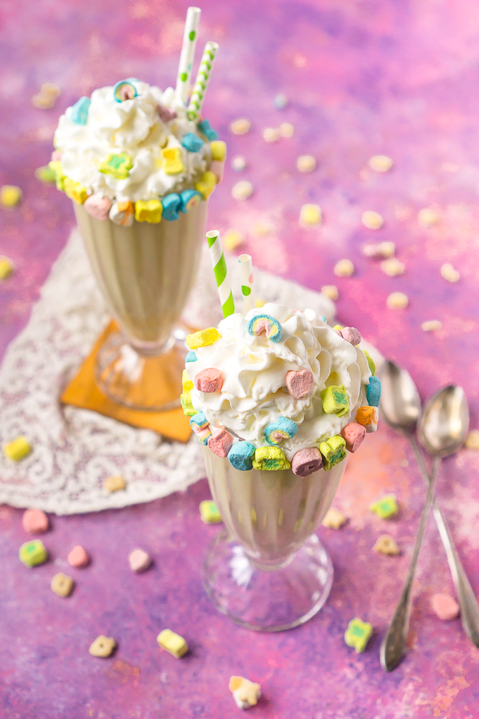 Fun, colorful, and sweet - this Lucky Charms milkshake recipe is the perfect kid friendly St. Patrick's Day recipe! Plus with 4 ingredients and 5 minutes of prep work, it’s an easy St. Patrick’s Day dessert with no alcohol so the whole family can enjoy! 
