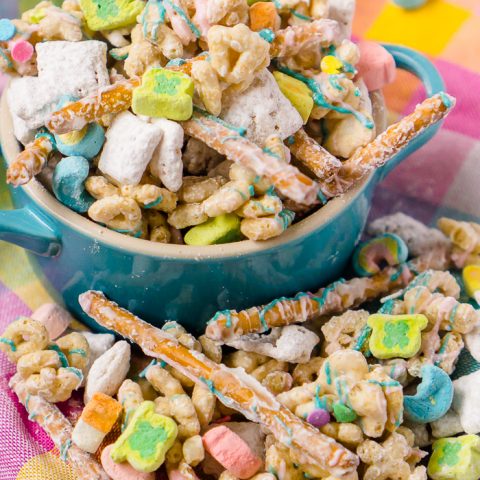St Patrick’s Day Puppy Chow with Lucky Charms Marshmallows and Cereal! A tasty St Patrick’s Day recipe for kids that the whole family will love!