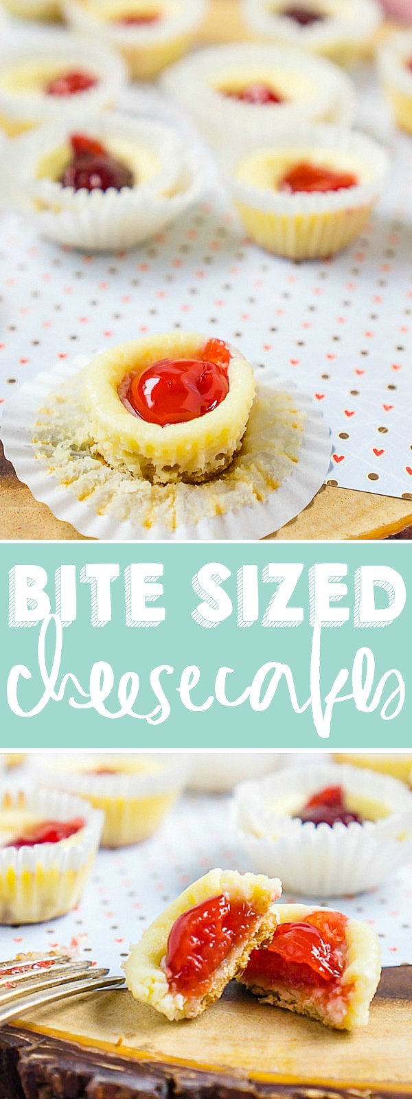 These Mini Cheesecakes offer a simple but creamy, delicious bite sized dessert that is always a crowd favorite dessert recipe! With a classic cheesecake filling and Nilla Wafer crust, these are easy to make and even easier to customize for any season or holiday! Mini cheesecakes make the perfect holiday dessert! | THE LOVE NERDS #christmasdessert #holidaydessert #bitesized 