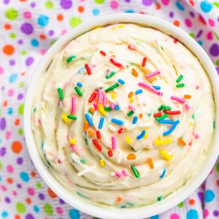 Enjoy your birthday cake in a new way with this delicious Funfetti Cheesecake Dip! Sweet and creamy, this easy funfetti cake batter dip is absolutely addicting and makes the perfect addition to any party menu! 