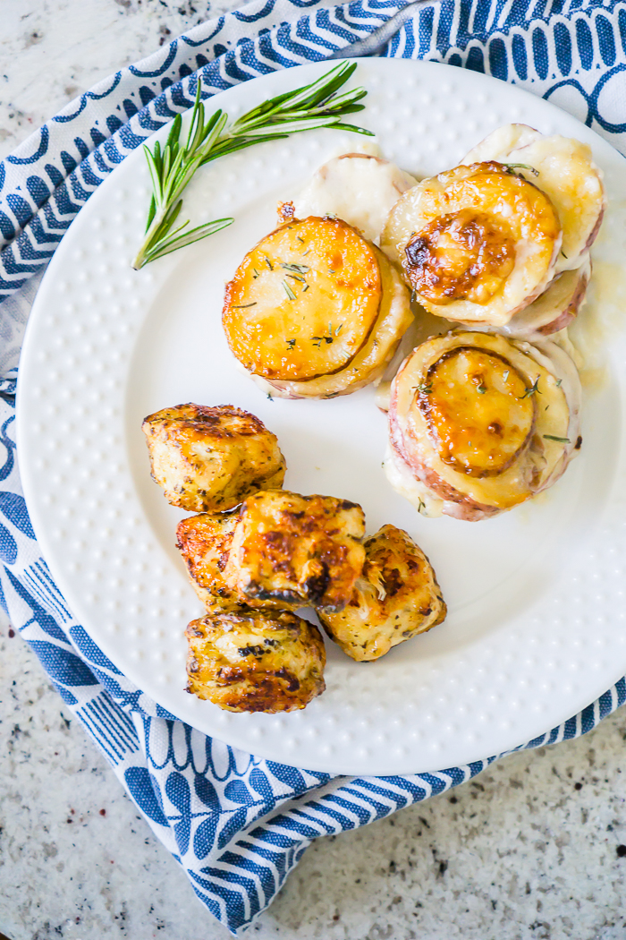 Au Gratin Potatoes with Lemon Herb Chicken Chunks from Cooked Perfect