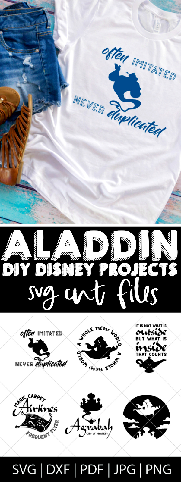 Who else loved Aladdin as a kid?! I'm excited for the new Disney live action Aladdin, so I made a new cut file bundle. Come check out our Aladdin SVG Bundle - perfect for making diy shirts for the movie theatre or Disney World as well as travel mugs, computer stickers and more! | THE LOVE NERDS #disneyshirt #disneyside #aladdinproject