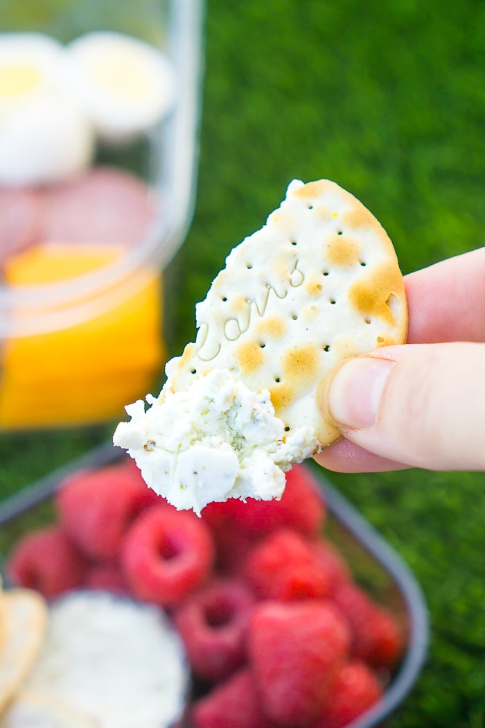 Up close photo of a broken Carrs Water Cracker with herbed goat cheese at the bottom from dipping. Raspberries, cheese, and hard boiled egg are out of focus sitting in a clear lunch box on the grass. 