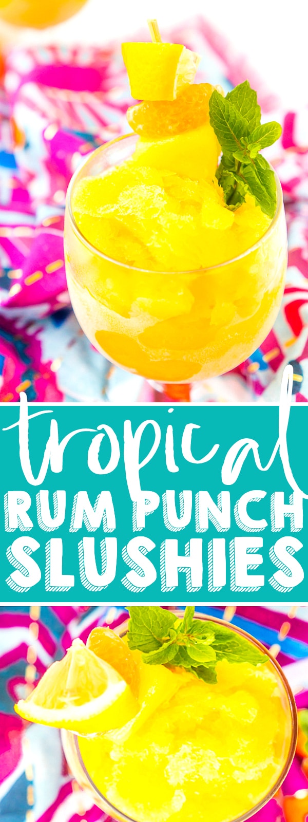 Big bold flavors make this Tropical Rum Punch Slushies a perfect summer drink to enjoy poolside on hot says! This large batch punch recipe for alcoholic slushies is easy to make for your next summer party! | THE LOVE NERDS #cocktailrecipe #summerdrinks #frozencocktail #tropicalcocktail #rumcocktail 
