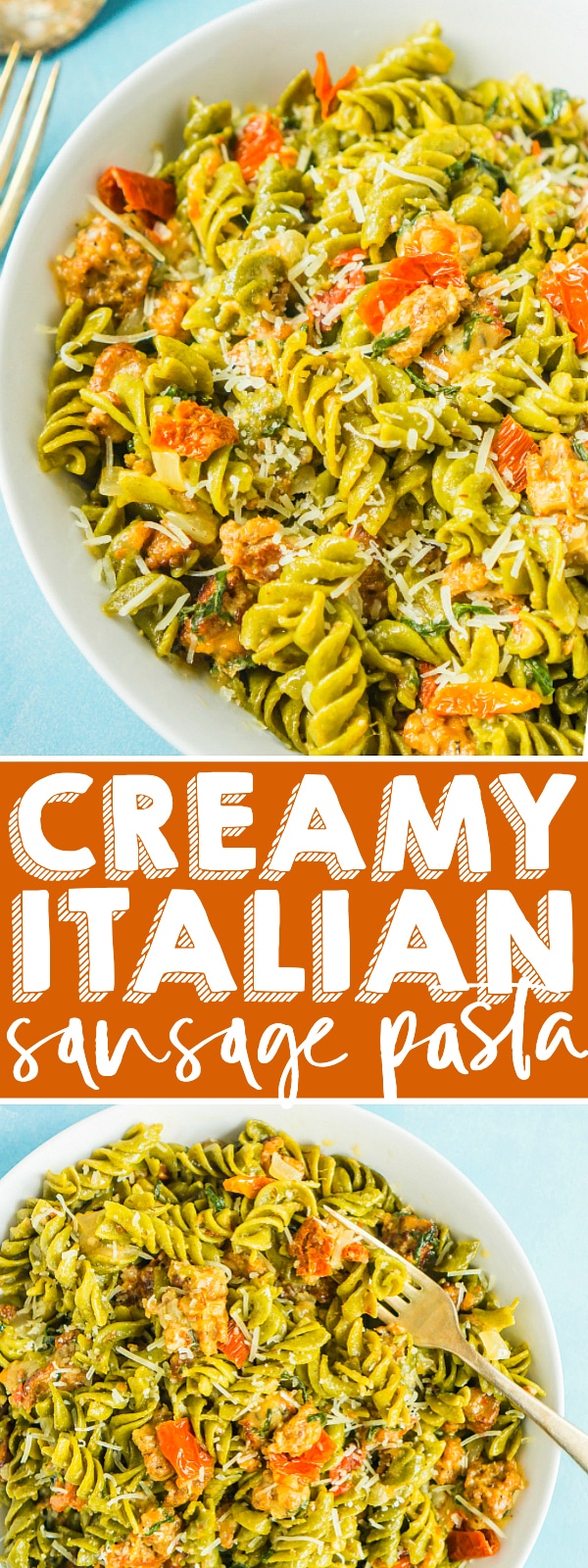 An easy and delicious creamy Italian Sausage Pasta recipe that is ready in 30 minutes and sneaks in extra veggies for the family to enjoy with a fortified veggie pasta! | THE LOVE NERDS #easydinner #weeknightdinner #pastarecipe