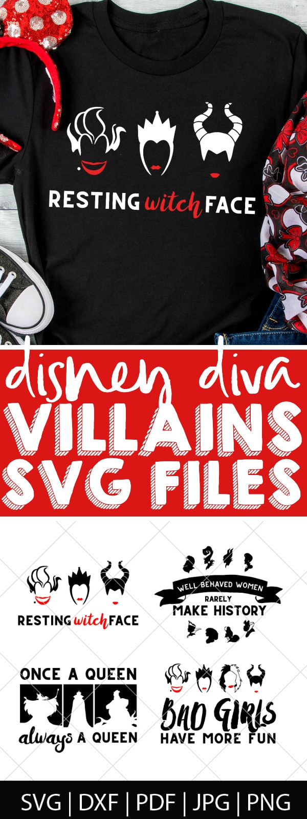 So many ways to be a Disney Villain SVG Files! Tons of new Halloween SVG files have been added to the shop celebrating our favorite bad guys, including the Evil Queen, Maleficent, Ursula, Cruella de Vil, Jafar, Captain Hook, Gaston and more! These digital files are perfect for DIY Halloween shirts, decor, party invites and more! | THE LOVE NERDS #DisneyCricut #DIYHalloween #HalloweenCricut 