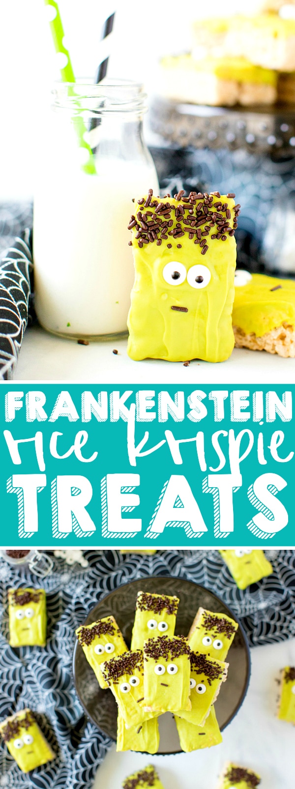 Adorable Frankenstein Rice Krispie Treats that everyone will love at your Halloween party! A fun Halloween treat that's easy to make, even for tiny helpers! Can use homemade rice krispie treats or store bought for even faster prep! | The Love Nerds #halloweendessert 