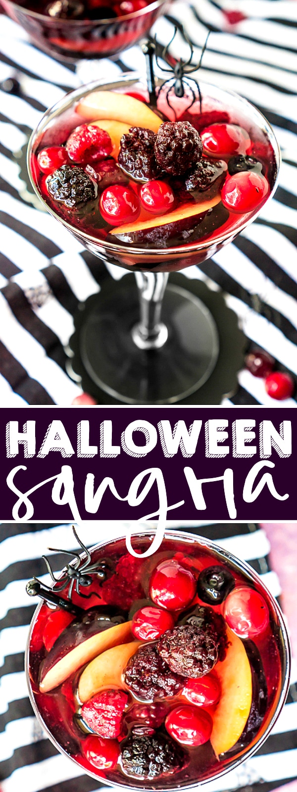 HALLOWEEN SANGRIA - A blackberry and cranberry sangria with shades of purple, pink and red that makes a stunning Halloween punch! Garnish glasses with spiders to give your guests a trick with a spooky Halloween cocktail surprise!  | The Love Nerds #halloweendrinkrecipe #halloweencocktail #cranberrysangria
