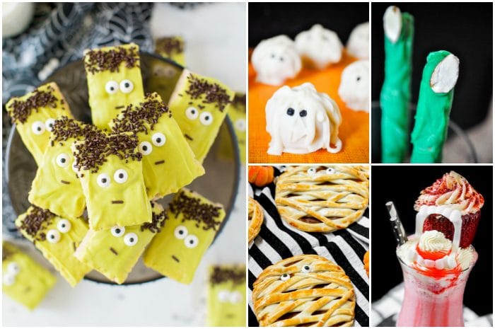 A collage photo featuring frankenstein rice krispie treats, mummy truffles with pumpkin filling, frankenstein finger pretzel sticks, mummy pumpkin hand pie and a milkshake with vampire teeth on top