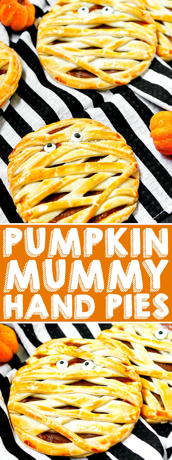 Trick or Treat! Pumpkin Mummy Hand Pies make an adorable Halloween dessert! The adults will love the classic pumpkin pie flavor and kids will love the cute mummy twist! Plus, they're an easy recipe to serve and take with you! | The Love Nerds #halloweendessert #pumpkinrecipe #handpierecipe