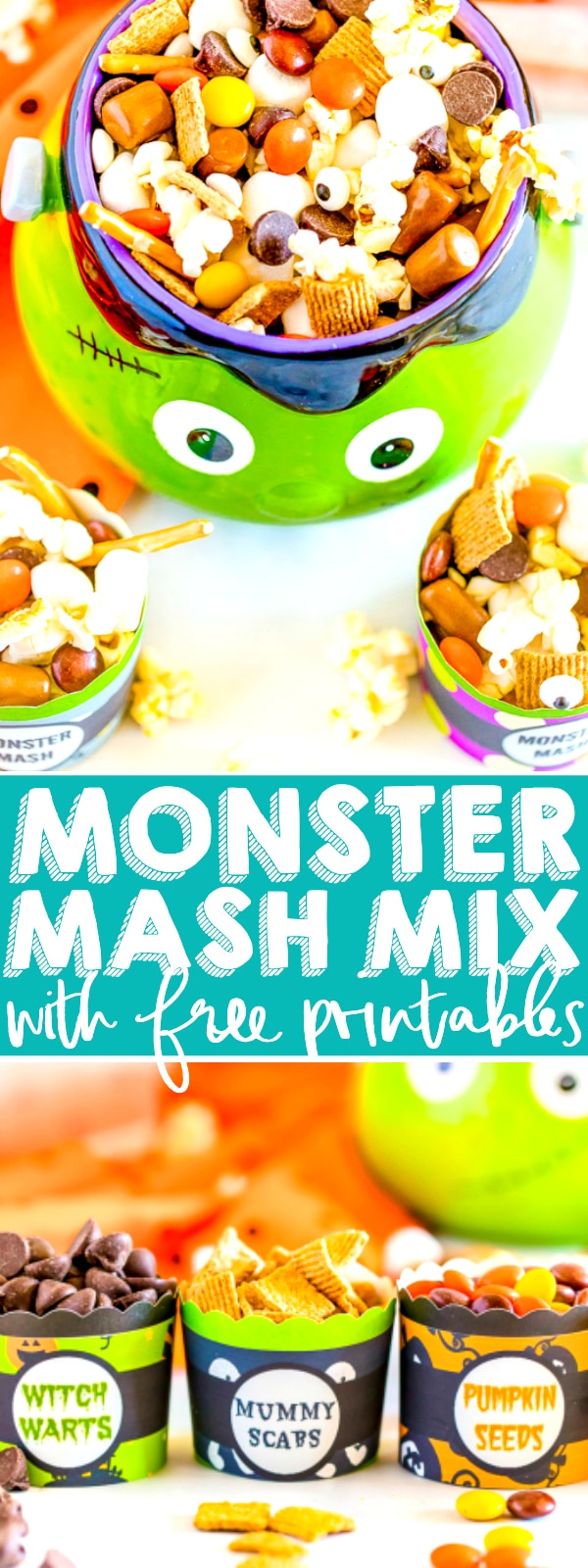 MONSTER MASH HALLOWEEN TRAIL MIX - An easy and adorable Halloween Trail Mix that makes the perfect addition to your Halloween treat table, one that allows your little monsters to pick and choose their favorite holiday snacks! Plus, this Halloween recipe comes with free printables for your Monster Mash Halloween Trail Mix display!!  | The Love Nerds #HALLOWEENDESSERT #HALLOWEENPARTY #PARTYMIX #FREEHALLOWEENPRINTABLE